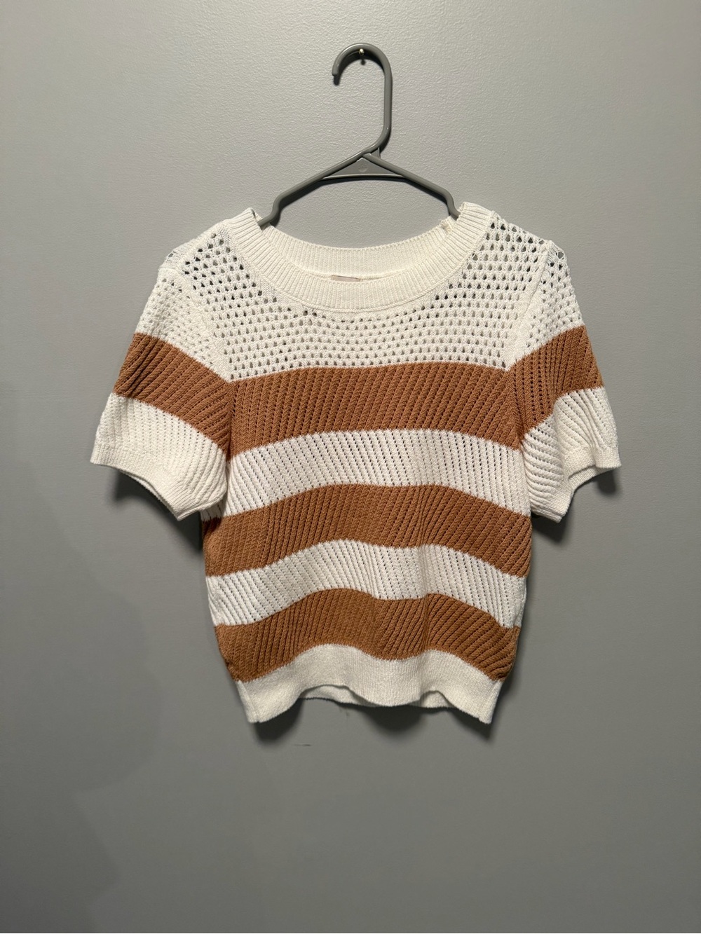Maeve by Anthropologie White & Brown Striped Knit Short-Sleeve Sweater